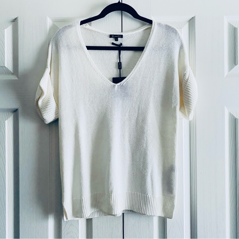 MASSIMO DUTTI CREAM RIBBED TRIM SHORT SLEEVE V NECK KNIT TOP MINIMALIST RESORT M